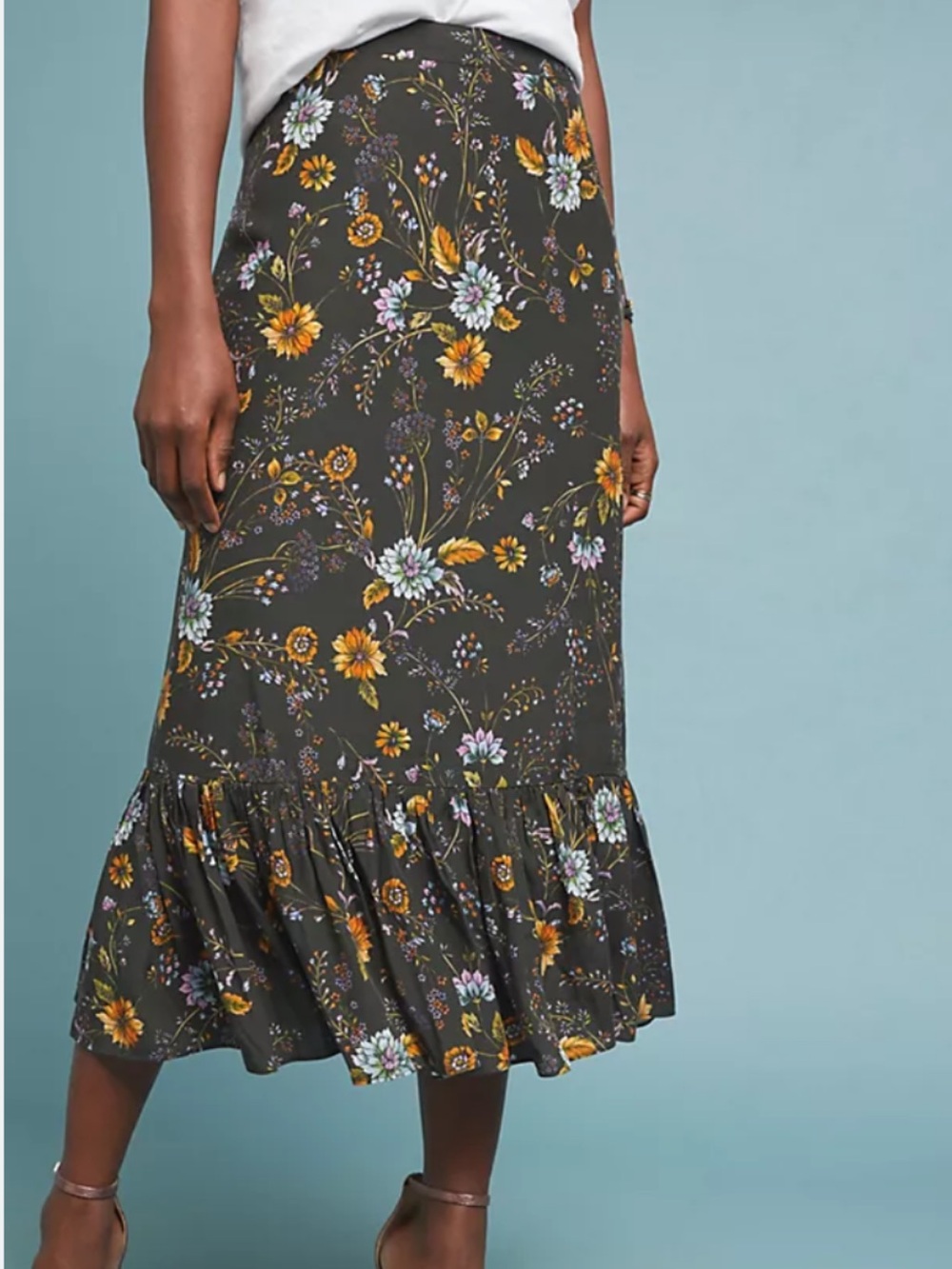 NWT Anthropologie Midi Skirt Womens Sz L Doman Silk Black floral Ruffle-Hem Midi